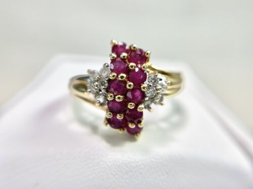 Vintage 10k Yellow Gold Natural Red Ruby Natural Round Diamond Cocktail Ring