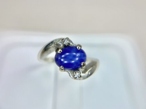 Vintage 14k White Gold Oval Lindy Blue Star Sapphire Round Diamond Bypass Ring