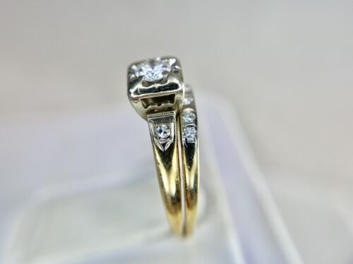 Vintage 14k Yellow Gold Round Single Cut Natural Diamond Wedding Ring Set 1/4 ct