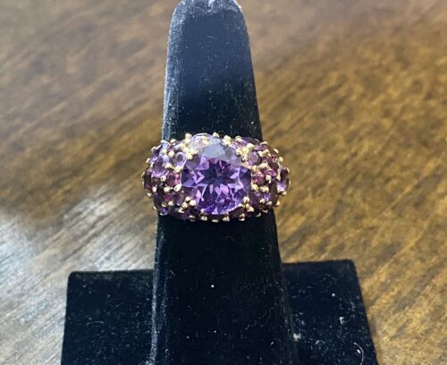 Vintage 10k Yellow Gold Round Natural Amethyst Big Statement Cocktail Ring