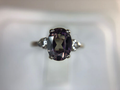 10k White Gold Synthetic Oval Alexandrite Round CZ Engagement Ring