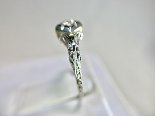 Art Deco 18k White Gold Old Miner Natural Diamond Filigree Small Engagement Ring