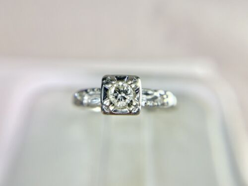 Vintage 14k White Gold Natural Round Brilliant Diamond Small Engagement Ring