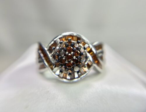 Vintage Sterling Silver Natural Fancy Brown Color Diamond Cluster Cocktail Ring