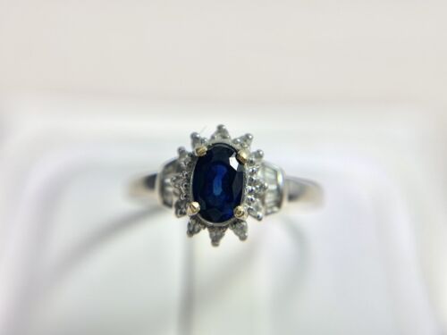 Vintage 14k White Gold Natural Oval Blue Sapphire Round Baguette Diamond Ring