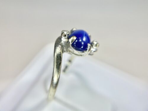 Vintage 14k White Gold Oval Lindy Blue Star Sapphire Round Diamond Bypass Ring