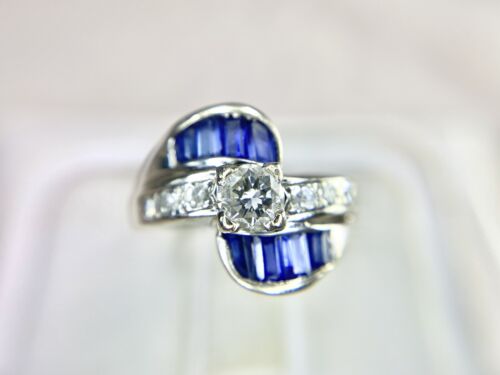 Art Deco 14k White Gold Natural Round Diamond Baguette Sapphire Engagement Ring