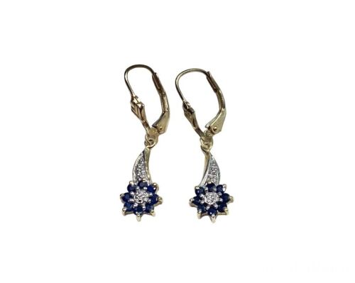 Vintage 10k Yellow Gold Natural Round Blue Sapphire Diamond Flower Earrings