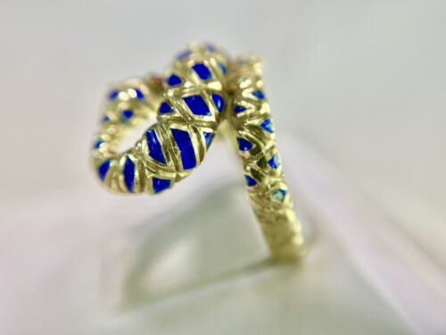 Vintage Art Deco 14k Yellow Gold Handcrafted Blue Enamel Red Ruby Snake Ring