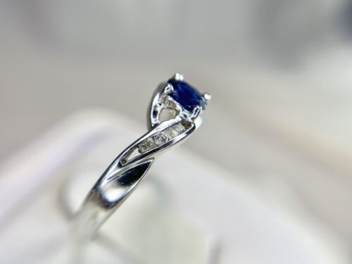 14k White Gold Natural Oval Blue Sapphire Round Diamond Small By-Pass Ring