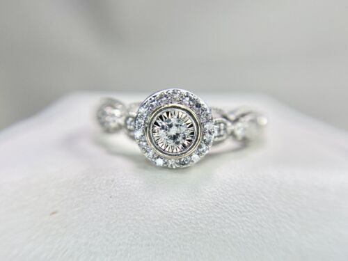 10k White Gold Designer Signed Natural Round Diamond Halo Engagement Ring