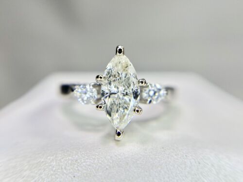 Vintage 14k White Gold Natural Marquise Round Diamond Engraved Engagement Ring