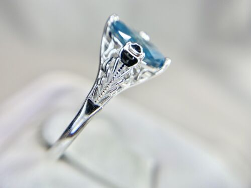 Art Deco 14k White Gold Fancy Blue Color Marquise Diamond Engagement Ring