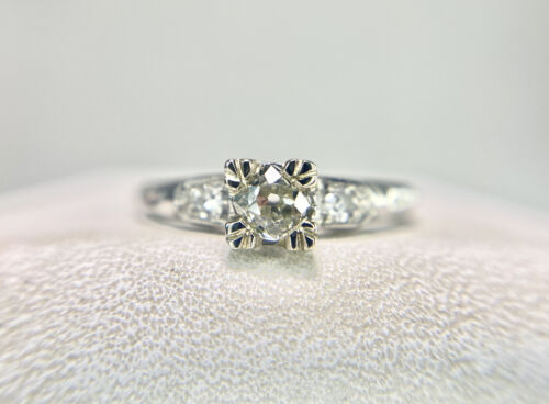 Vintage Art Deco Palladium Old Miner Natural Round Diamond Engagement Ring