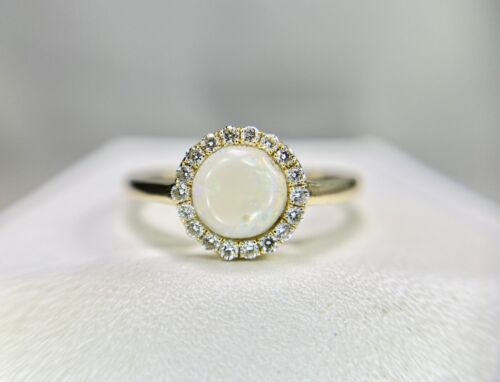 Vintage 14k Yellow Gold Natural Round White Opal Diamond Halo Bezel Set Ring