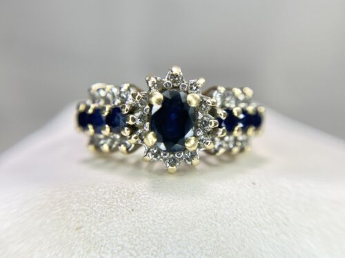 Vintage 14k Yellow Gold Natural Oval Blue Sapphire Round Diamond Cocktail Ring