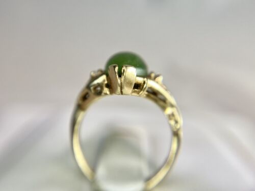 Vintage Designer 10k Yellow Gold Marquise Shape Dark Green Jade Ring