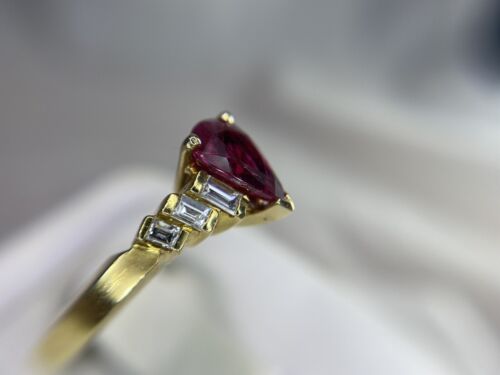 18k Yellow Gold Natural Pear Shape Red Rhodolite Garnet Baguette Diamond Ring 