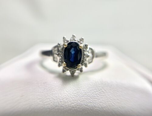 Vintage 14k White Gold Natural Oval Blue Sapphire Round Baguette Diamond Ring