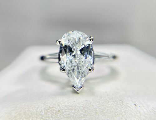 Art Deco Platinum Natural Pear Shape Baguette Cut Diamond Engagement Ring