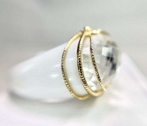 14k Yellow Gold Designer White Ceramic Faceted White Crystal Cocktail Ring