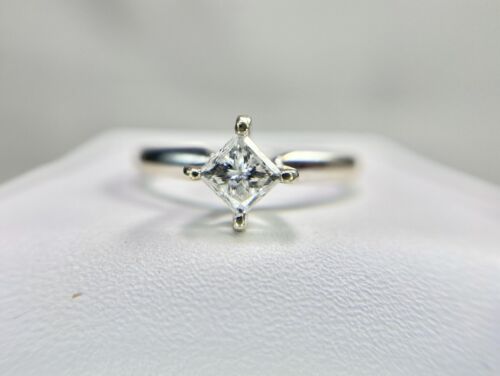 Vintage 14k White Gold Natural Square Princess Cut Diamond Solitaire Engagement 