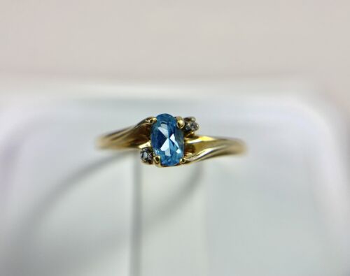 Vintage Estate 10k Yellow Gold Oval Shape Blue Topaz Small Round Diamond Ring