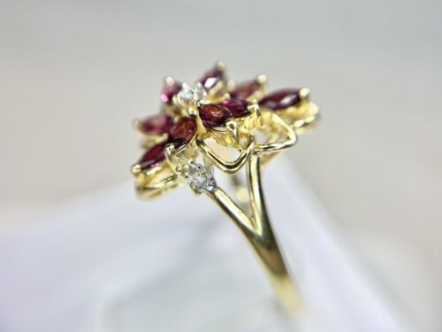 Vintage 14k Yellow Gold Natural Marquise Red Ruby Round Diamond Cocktail Ring