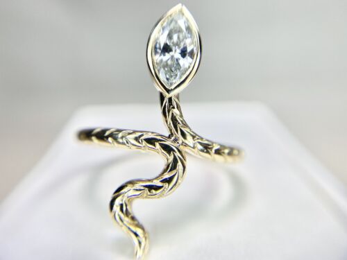 Vintage 14k Yellow Gold Marquise Shape GIA Certified Diamond Snake Ring