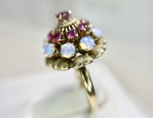 Vintage 14k Yellow Gold Round Red Pink Ruby White Opal Big Cocktail Ring