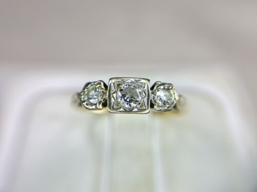 Art Deco 18k Yellow Gold Platinum Old European Diamond 3 Stone Engagement Ring