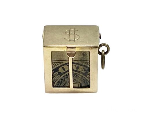 Vintage 14k Yellow Gold Money Box Dollar Emergency Charm Pendant 