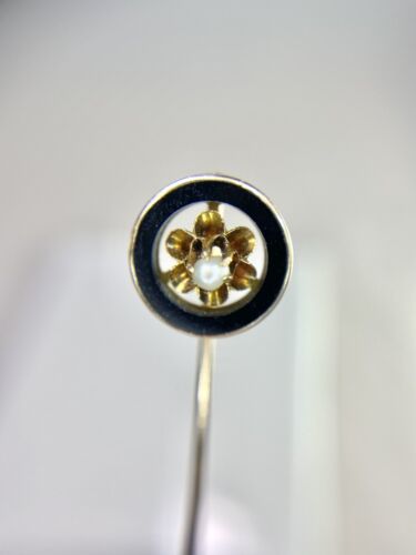 Vintage Art Deco 10k Yellow Gold Round White Seed Pearl Black Enamel Stick Pin