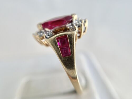 Vintage 10k Yellow Gold Marquise Shape Pink Stone Round Diamond Cocktail Ring