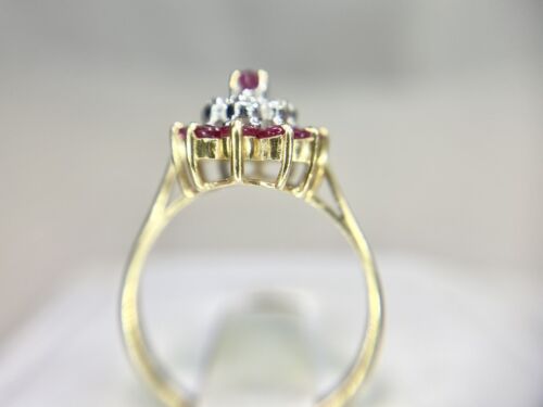 Vintage 10k Yellow Gold Natural Marquise Red Ruby Round Diamond Cocktail Ring