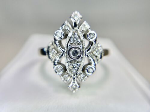 Vintage 10k White Gold Natural Round Brilliant Diamond Shield Cocktail Ring