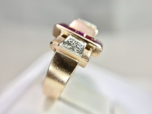 Vintage Art Deco 14k Rose Gold Old Cut Diamond Red Ruby Cocktail Ring