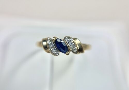 Vintage 10k Yellow Gold Signed Natural Marquise Blue Sapphire Round Diamond Ring