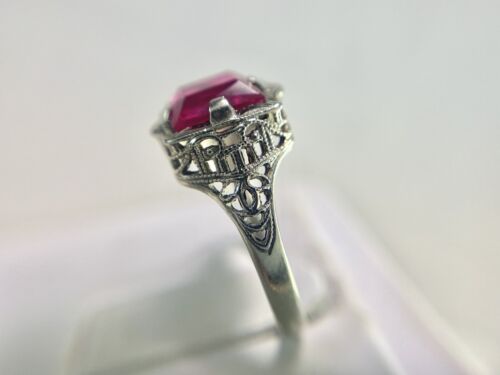 Vintage Art Deco 10k White Gold Emerald Cut Pink Stone Filigree Solitaire Ring