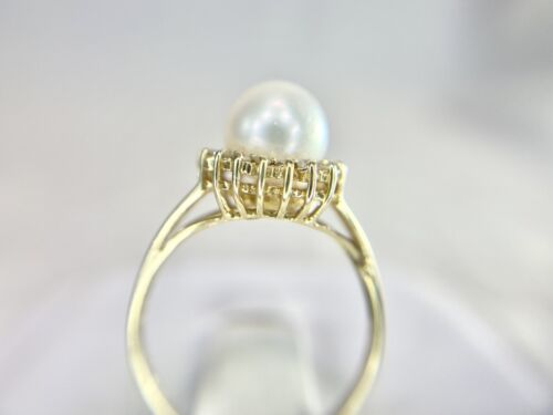 Vintage 14k Yellow Gold White Round Pearl Single Cut Diamond Halo Ring