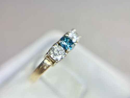 Vintage 14k Yellow Gold Fancy Vivid Blue Round Diamond Three Stone Ring 1 TCW