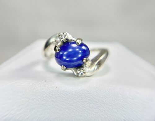 Vintage 14k White Gold Oval Lindy Blue Star Sapphire Round Diamond Bypass Ring