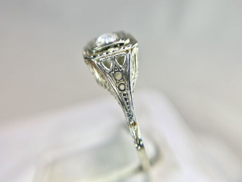 Art Deco 18k White Gold Signed Old European Diamond Filigree Engagement Ring