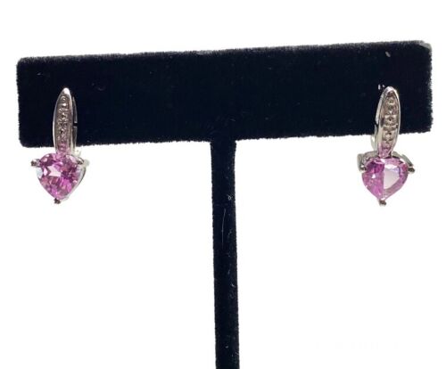 10k White Gold Helzberg Heart Shape Pink Topaz Round Natural Diamond Earrings