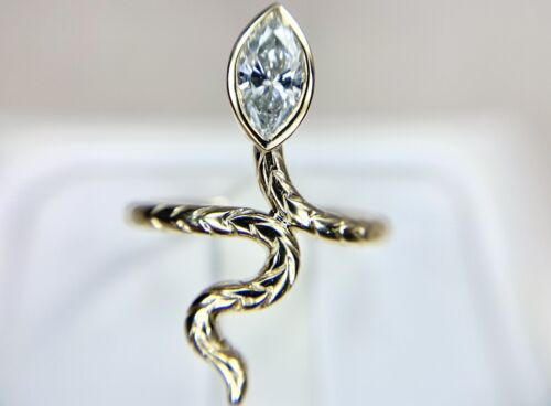 Vintage 14k Yellow Gold Marquise Shape GIA Certified Diamond Snake Ring