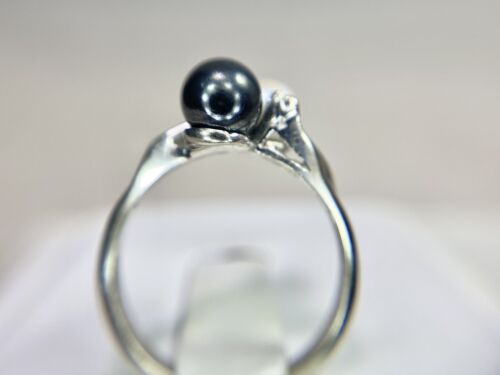 Vintage 14k White Gold Black Tahitian Pearl Round Pearl Diamond Bypass Ring