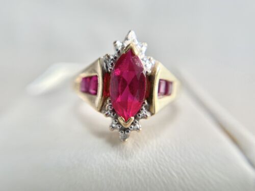 Vintage 10k Yellow Gold Marquise Shape Pink Stone Round Diamond Cocktail Ring