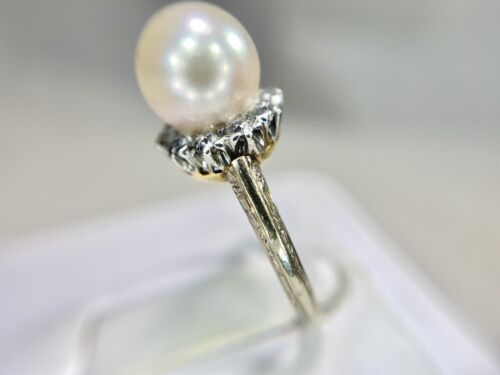 Art Deco 14k Yellow Gold Old European Diamond Round White Pearl Filigree Ring