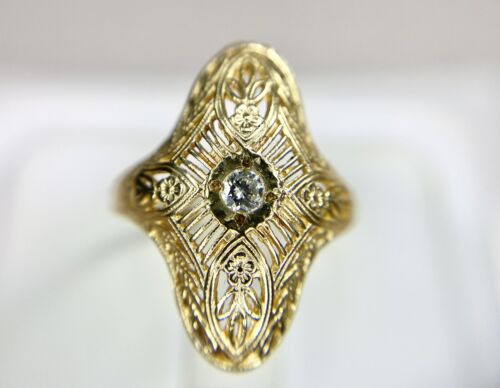 Vintage Art Deco 14k Yellow Gold Round Diamond Filigree Shield Ring