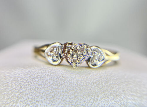 Vintage 10k Yellow Gold Round Single Cut Diamond Small Heart Shape Cluster Ring